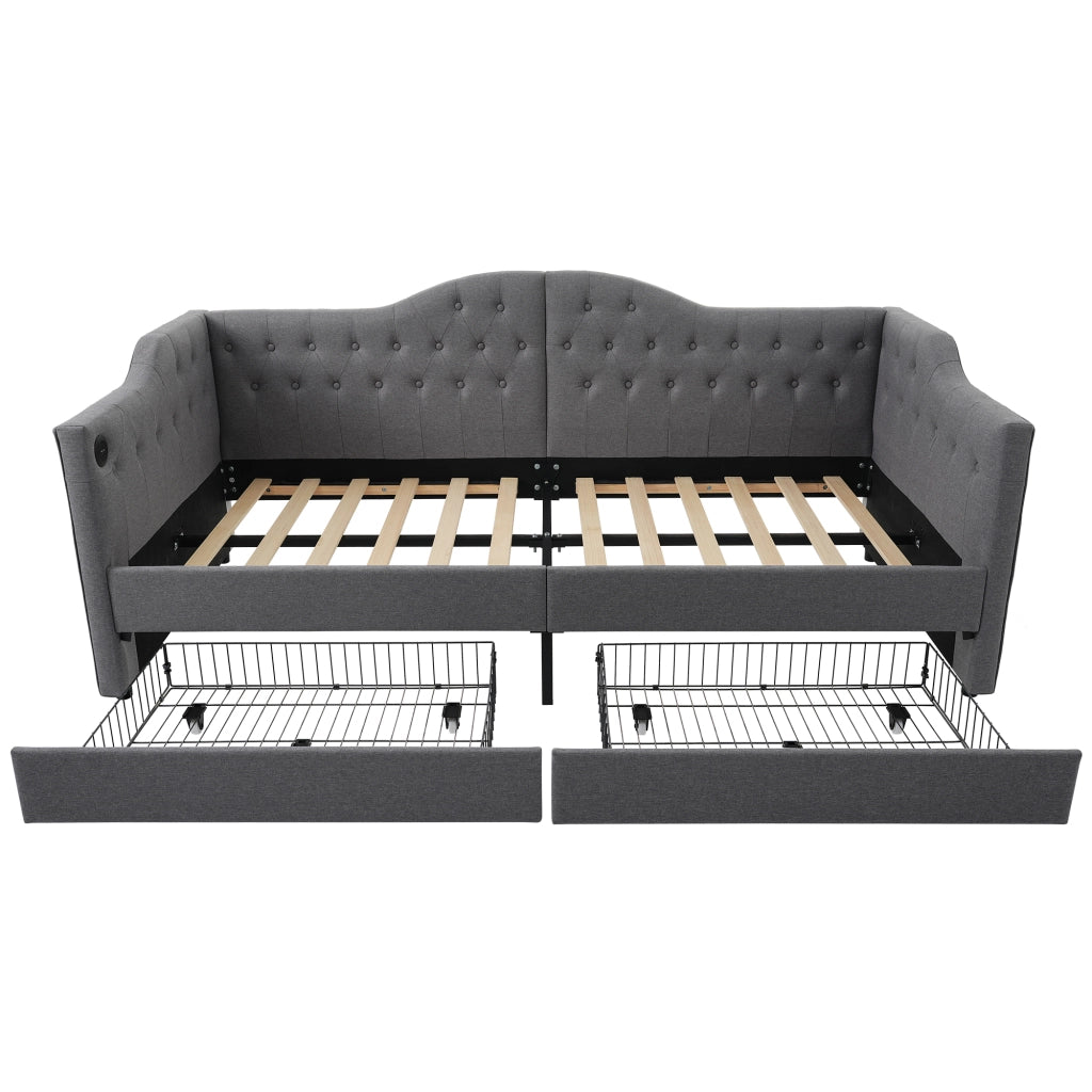 Letto daybed imbottito 90x200 cm grigio con USB e Type-C; 2 cassetti e tasche laterali; struttura in acciaio; legno e MDF; senza materasso