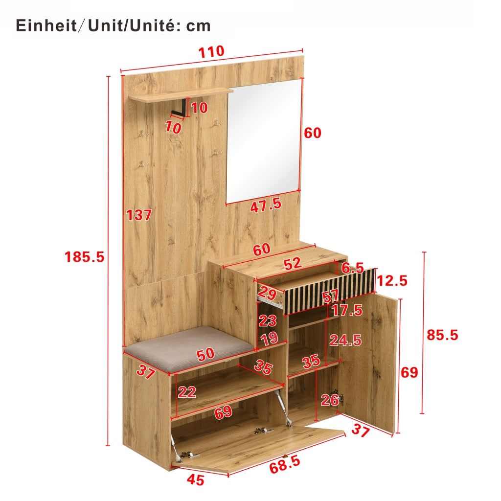 Set mobile ingresso compatto con specchio e cuscino imbottito, armadio per corridoio, parete attrezzata, scaffale e scarpiera, 110 x 185,5 x 37 cm