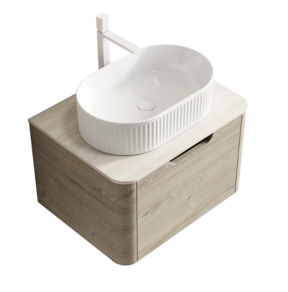 Mobile lavabo sospeso 60 cm in ceramica bianca e pietra sinterizzata beige, preassemblato