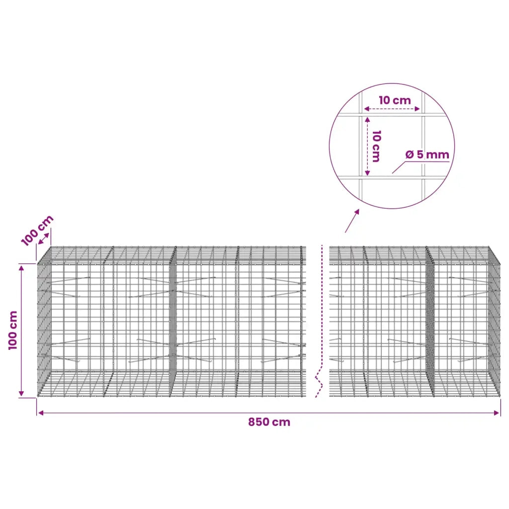 Gabione con Filo da 5 mm e Rete da 10x10 cm 850x100x100 cm 3465323