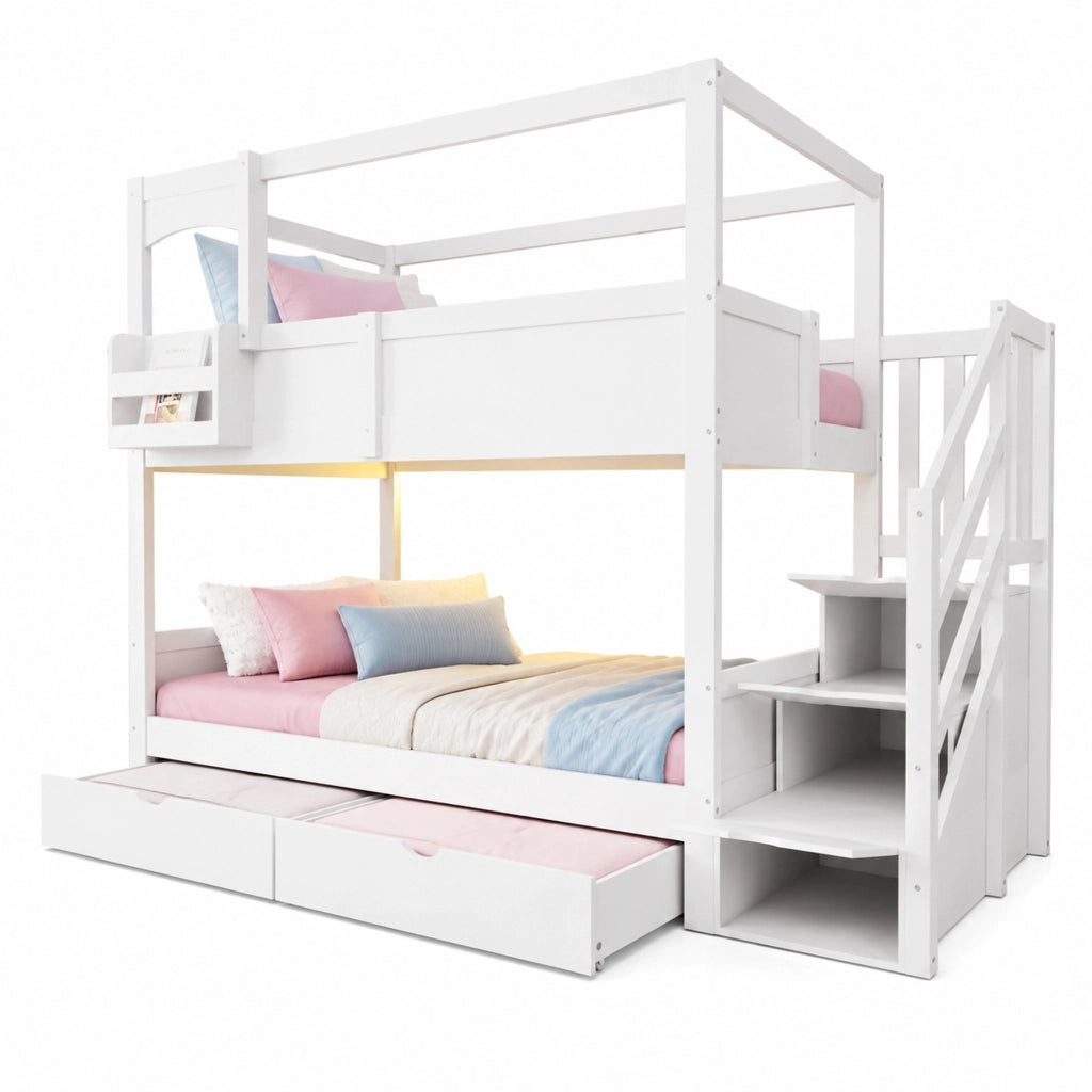 Letto a castello per bambini 90x200 cm in legno con scala contenitore; cassetti e lavagna bianco HOMVRA