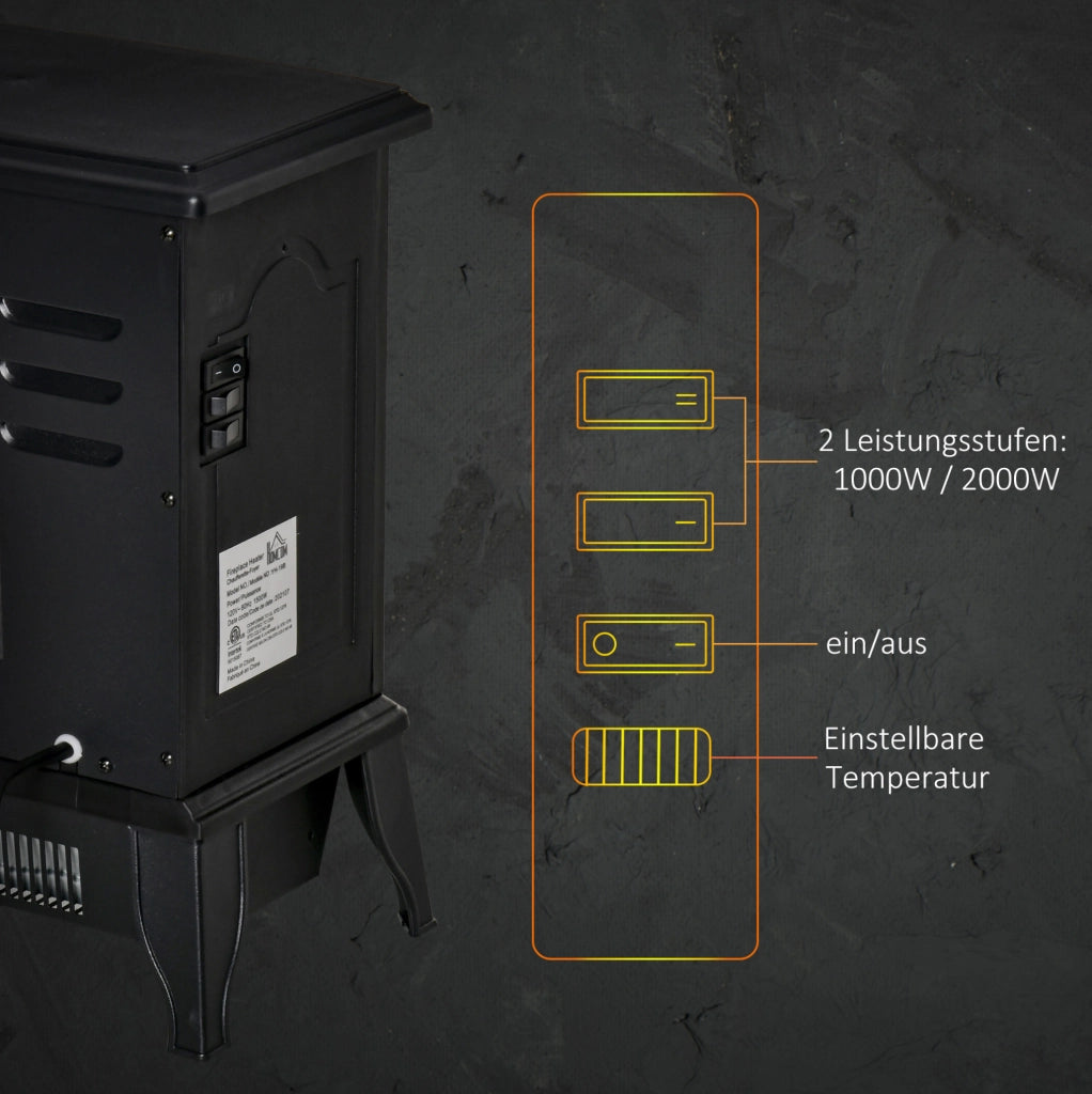 Caminetto Elettrico a LED 2000W con Protezione da Surriscaldamento, Nero, 36,5x24x45,5 cm