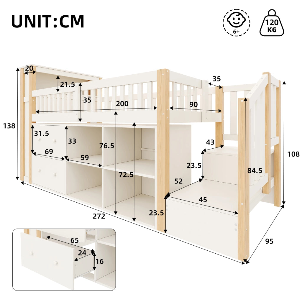Letto a soppalco 90 × 200 cm con scrivania scale contenitore LED USB e USB-C in pino e MDF naturale