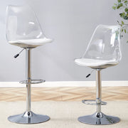 Set di 2 Sgabelli da Bar Regolabili con Schienale Trasparente, Seduta in PU Bianco e Gambe in Metallo Argento, 60-80 cm