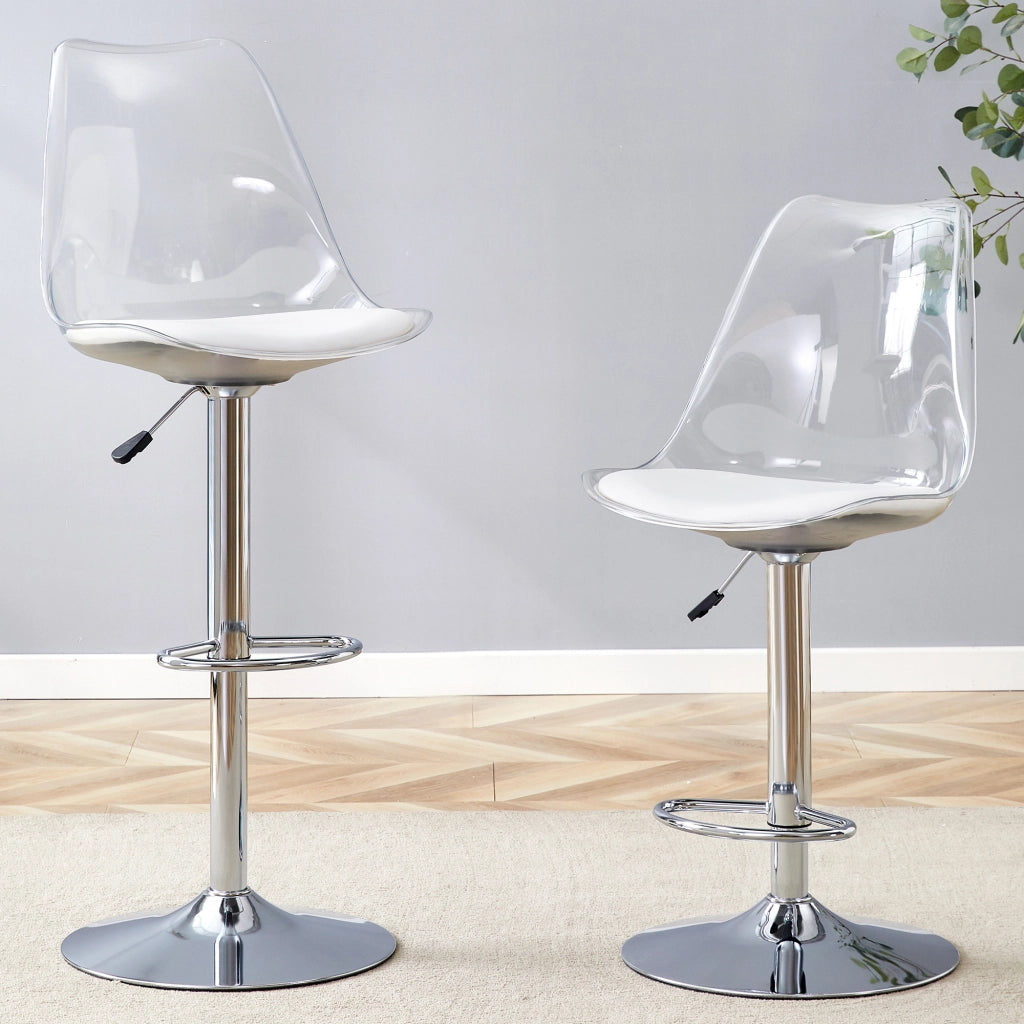 Set di 2 Sgabelli da Bar Regolabili con Schienale Trasparente, Seduta in PU Bianco e Gambe in Metallo Argento, 60-80 cm