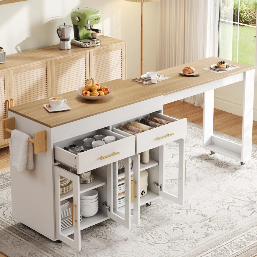 Isola da cucina, credenza, bancone estraibile, con rotelle, 2 cassetti, ante in vetro, bianco
