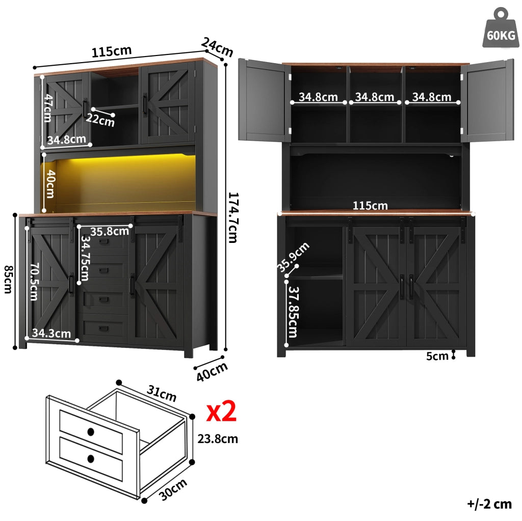 Mobile da cucina 115x40x174,7 cm con ante scorrevoli e illuminazione LED a colori, struttura in MDF, nero/bianco