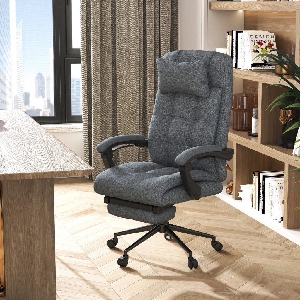 EasyComfort Sedia da Ufficio Ergonomica Reclinabile, Sedia Direzionale con Schiena Alta, Poltrona Ufficio con Poggiatesta e Poggiapiedi Estraibile, 66x76x112-120cm, Grigio