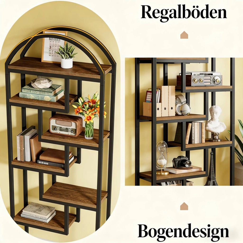 Libreria a 7 ripiani con struttura in metallo e ripiani in MDF, 180 cm, colore legno e nero
