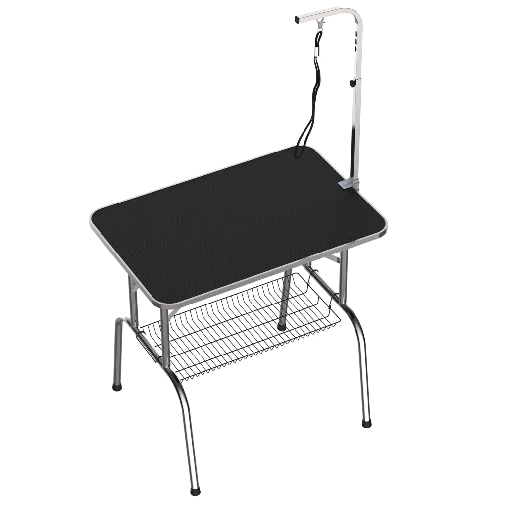 Tavolo da toelettatura per cani con braccio regolabile e cestello in acciaio inox nero 90 × 60 × 75 cm