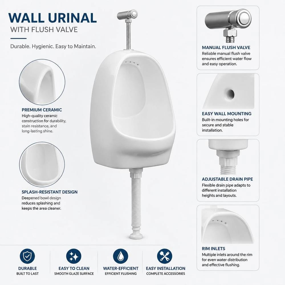 Wall-mounted Urinal With Flush Valve, Ceramic, White