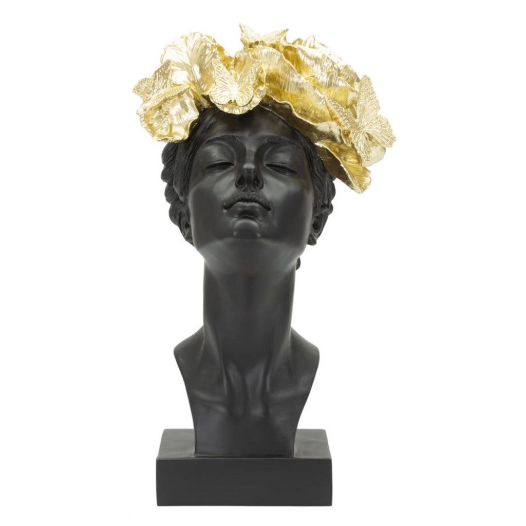 Scultura Donna con farfalle sul capo in resina nera e oro