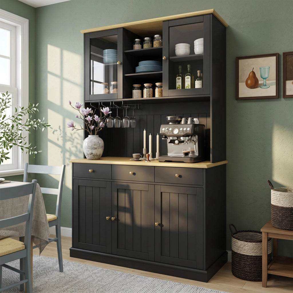 Cristalliera con portabicchieri prese e USB ripiani regolabili in truciolato nero 120 × 40 × 191 cm