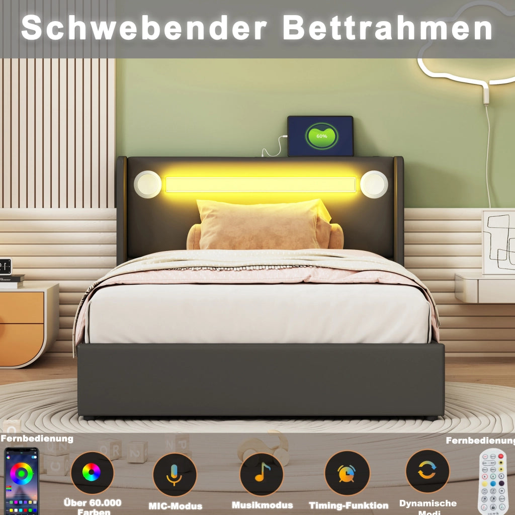 Letto imbottito con contenitore, LED, Bluetooth e ricarica USB