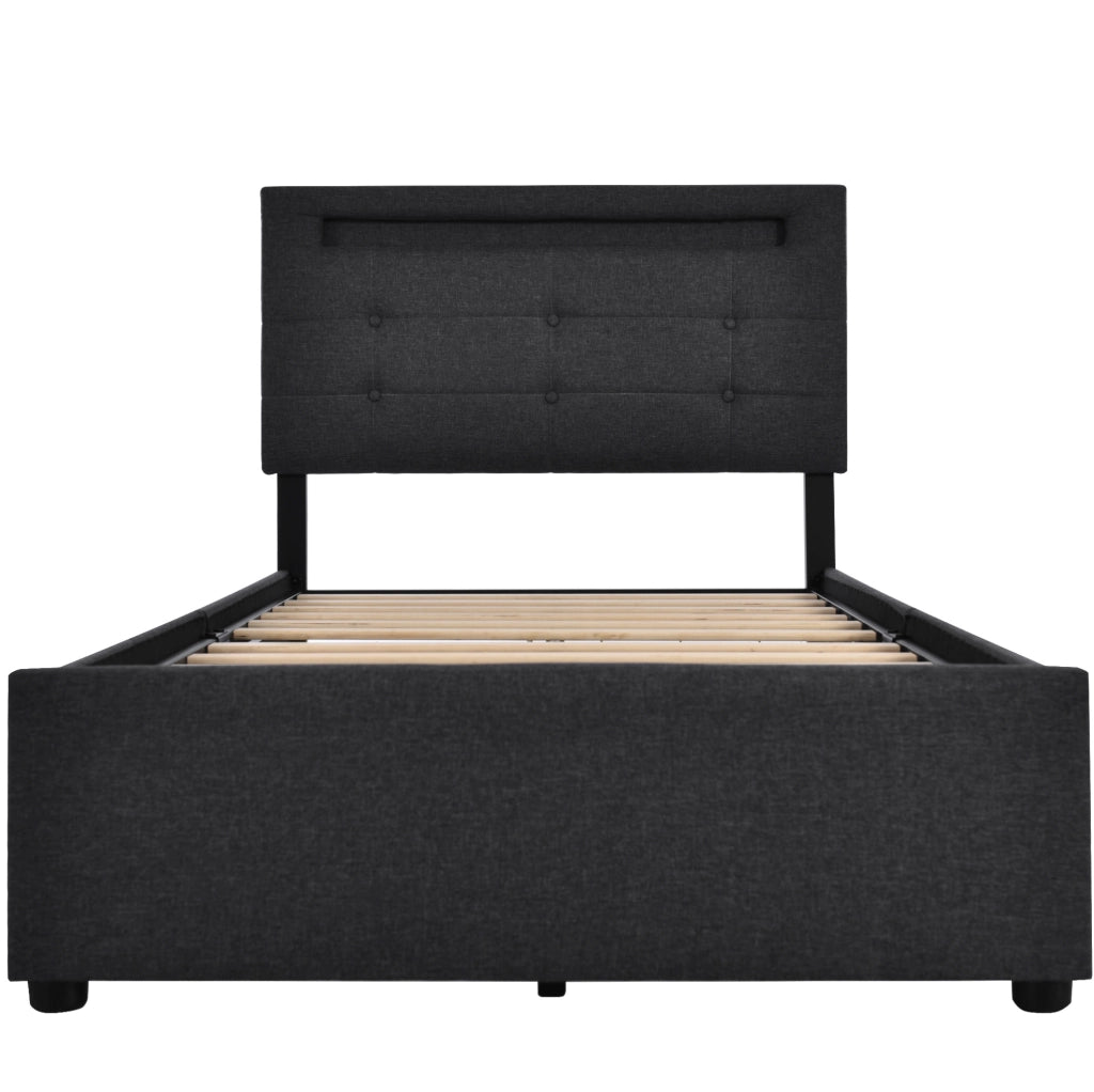Letto singolo imbottito 90x200 cm con testiera regolabile, LED integrati e 2 cassetti - Grigio