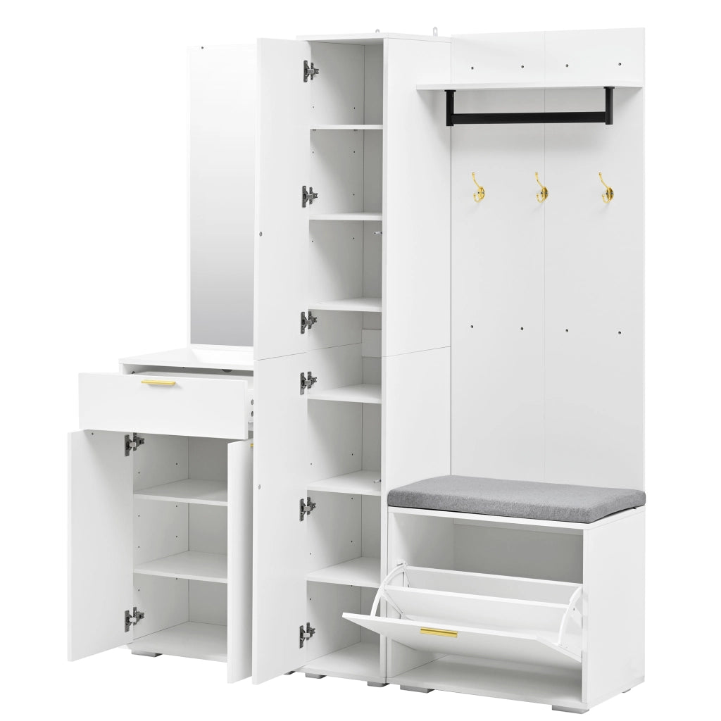 Mobile da ingresso con specchio e appendiabiti, 3 ante, scarpiera a ribalta, panca e cassetto, bianco, 150 × 36 × 180 cm