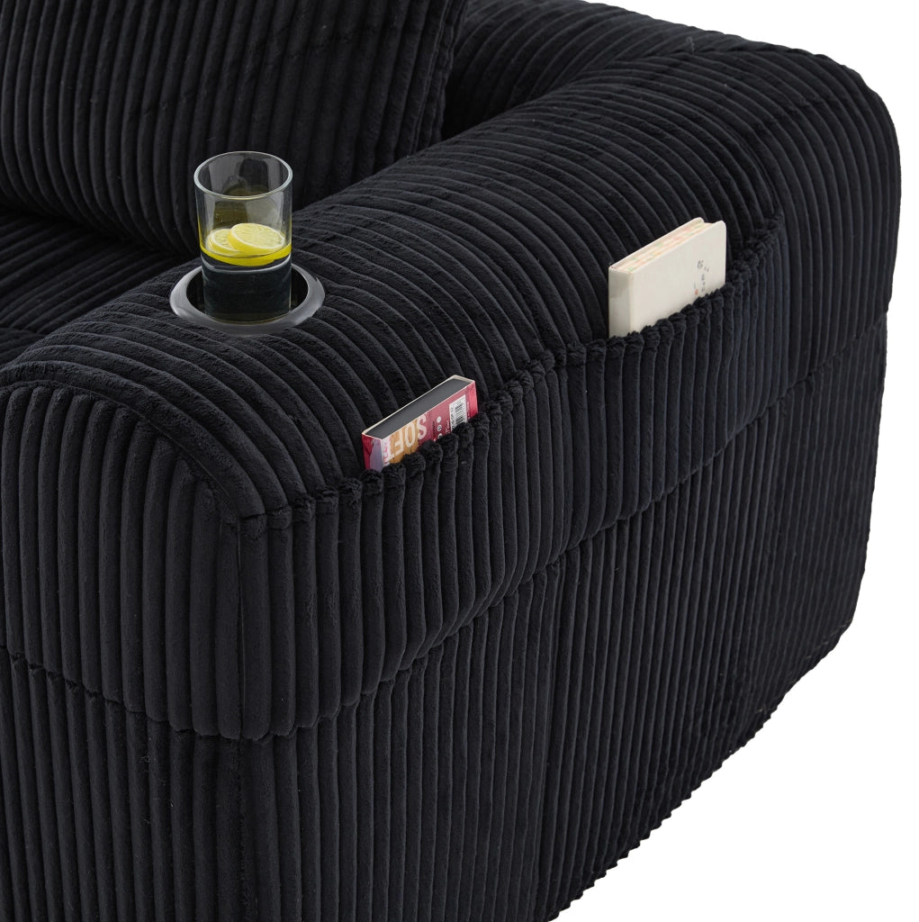 Divano modulare 253x158x61 cm in velluto a coste nero con portabicchieri