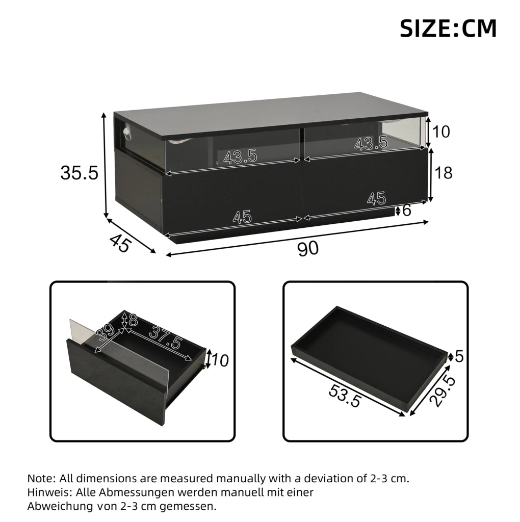 Tavolino da salotto moderno 90 x 45 x 35;5 cm nero lucido con LED; 2 cassetti e vassoio