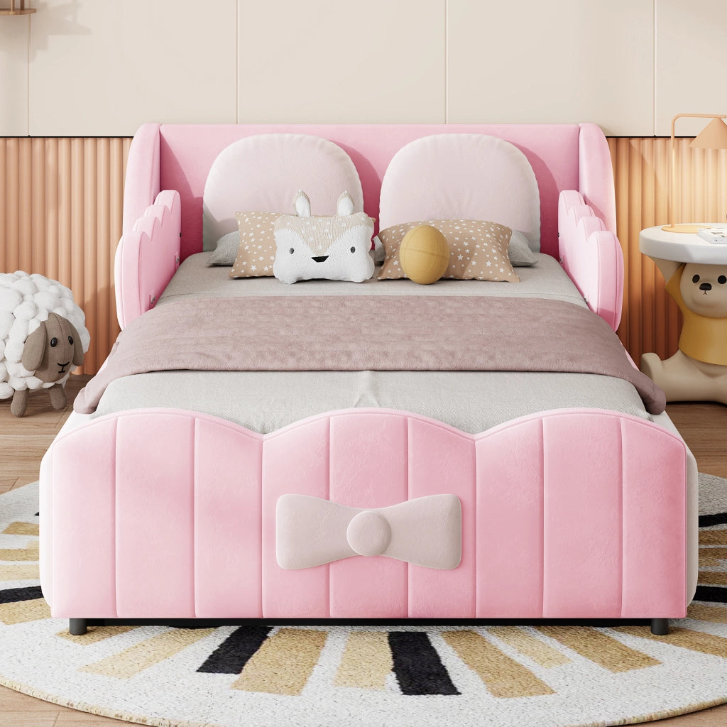 Letto imbottito per bambini 90 x 200 cm; contenitore idraulico; velluto rosa per cameretta