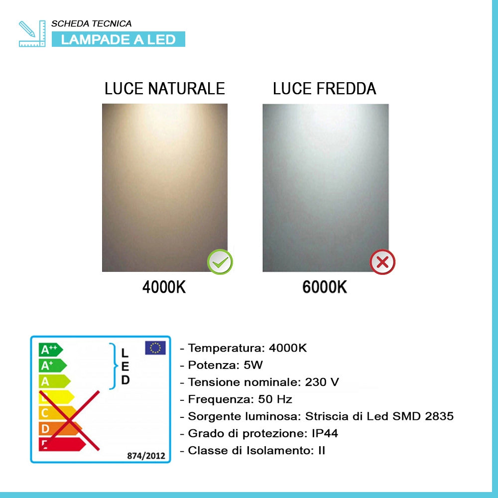 Specchio bagno 50x60 a filo reversibile con lampada naturale 30 cm