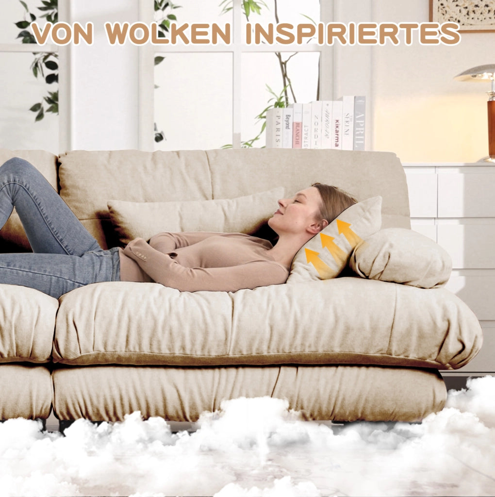 Divano angolare Cloud in chenille beige chiaro con struttura in legno massello e cuscini lombari e decorativi