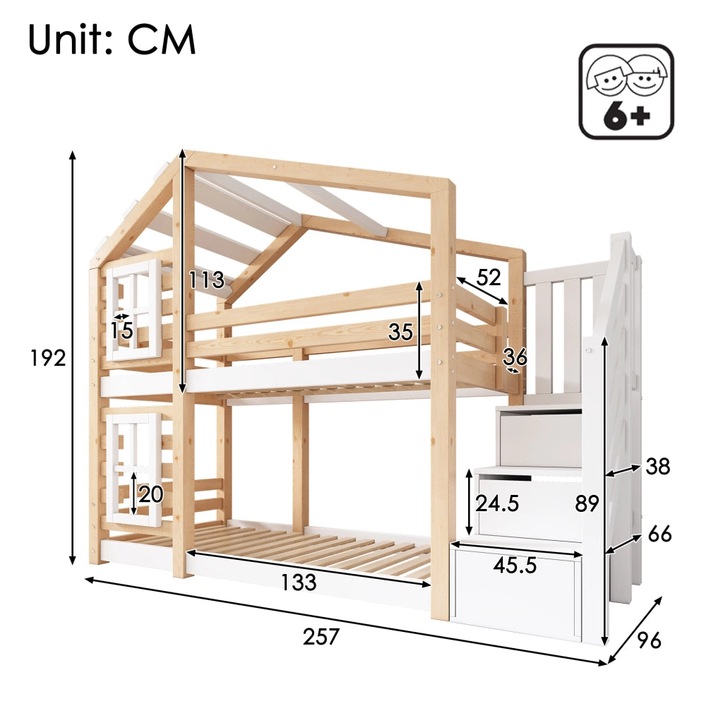 Letto a castello per bambini 90x200 cm a casetta con design ad albero; cassetti contenitore; legno massello e MDF; bianco e naturale