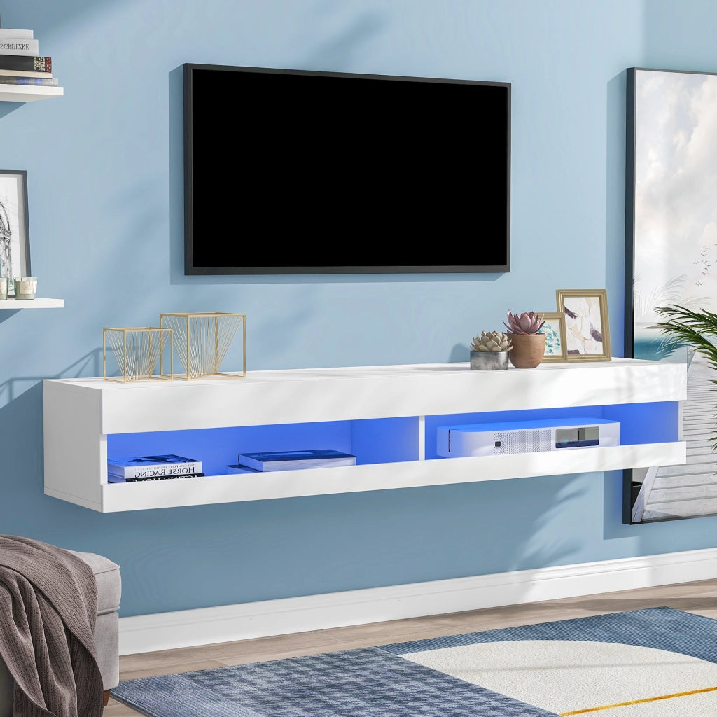 Mobile TV sospeso con illuminazione LED e frontali lucidi; 140 x 40 x 30;5 cm; bianco