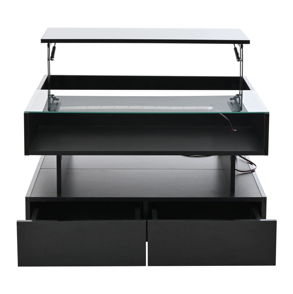 Tavolino da salotto 80x80x45 cm sollevabile con LED e 2 cassetti nero