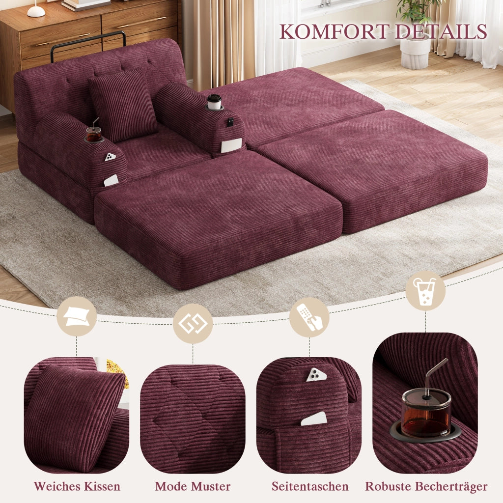Poltrona da letto convertibile 1 con pouf; schienale alto; portabicchieri 2 e tasche laterali 4; velluto a coste; rosso vino