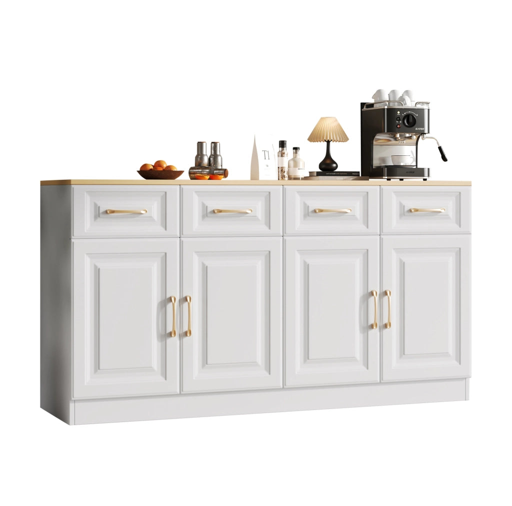 Buffet sideboard 140 cm con 4 cassetti; 4 porte e ripiani regolabili; bianco e rovere