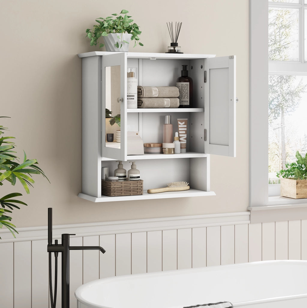 Mobile bagno sospeso 54,6x19,8x60 cm con specchio e ripiani in MDF bianco