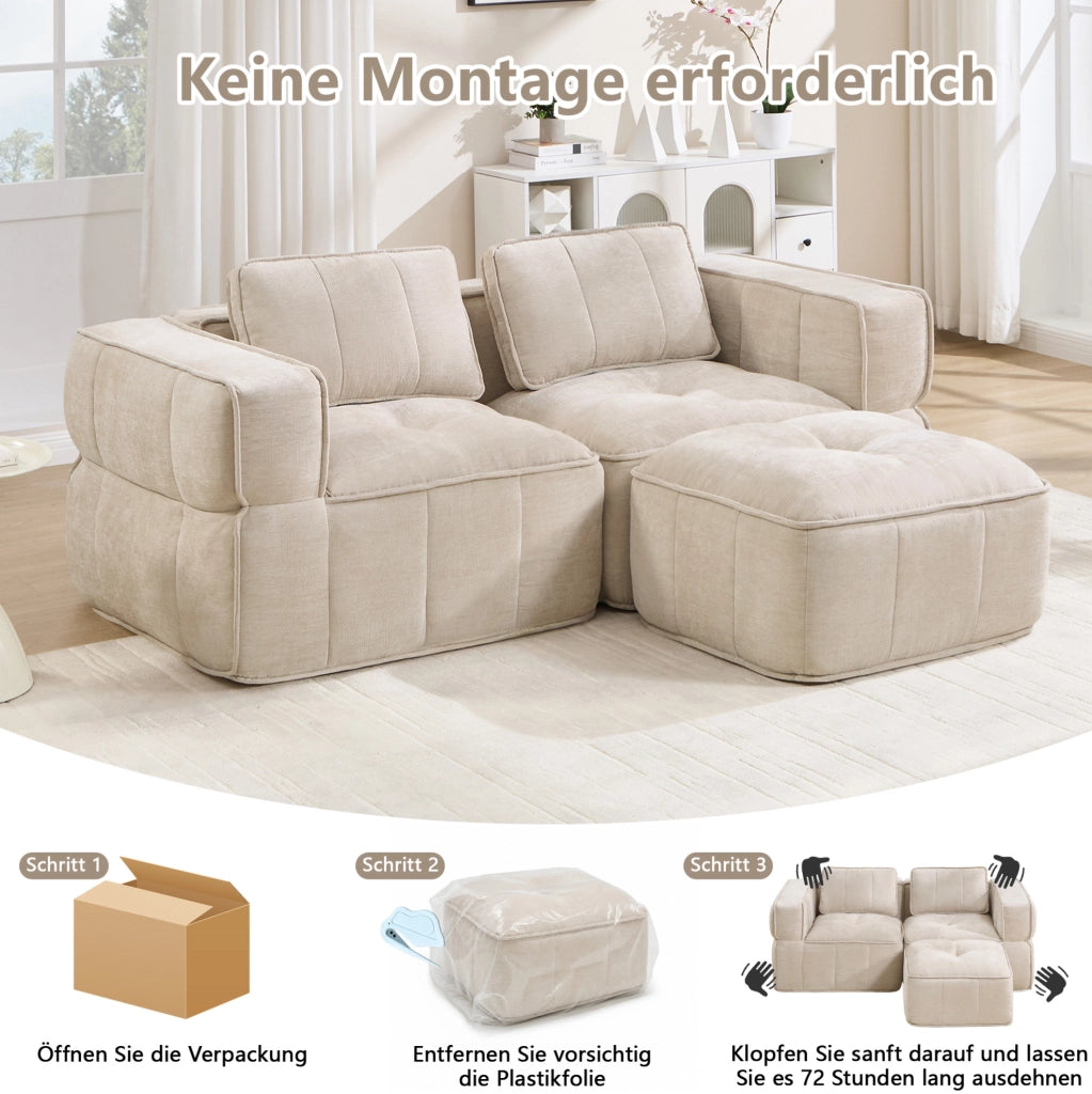 Divano modulare a L, 2 posti senza telaio con pouf beige in tessuto poliestere resistente, 198x162x67 cm