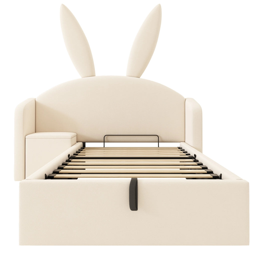 Letto imbottito per bambini ULEVR 90x200 cm con contenitore idraulico, comodino montabile a sinistra o destra, beige