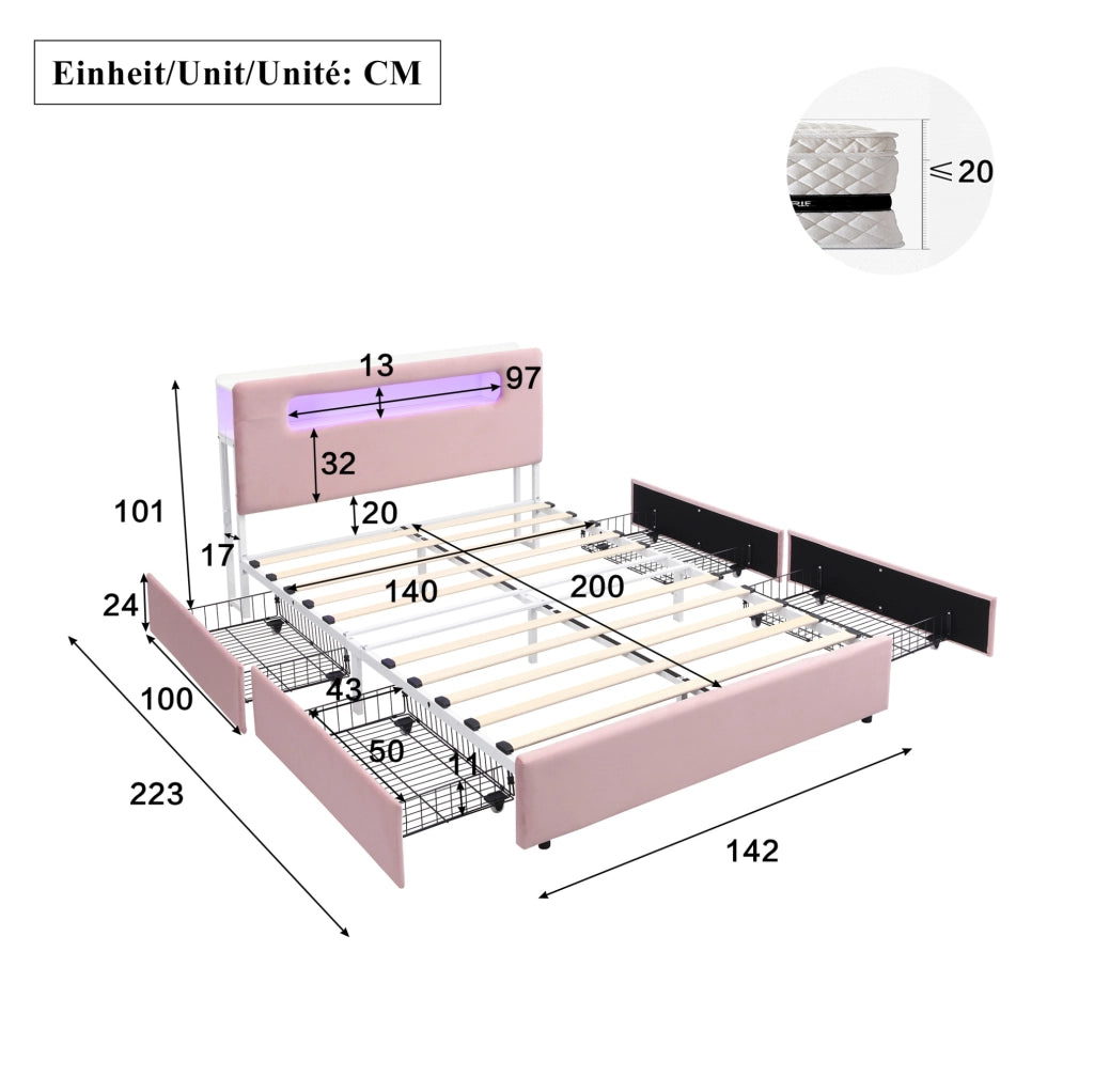 Letto imbottito ULEVR 140x200 cm rosa con 4 cassetti laterali, testiera con vano aperto e LED controllato tramite app
