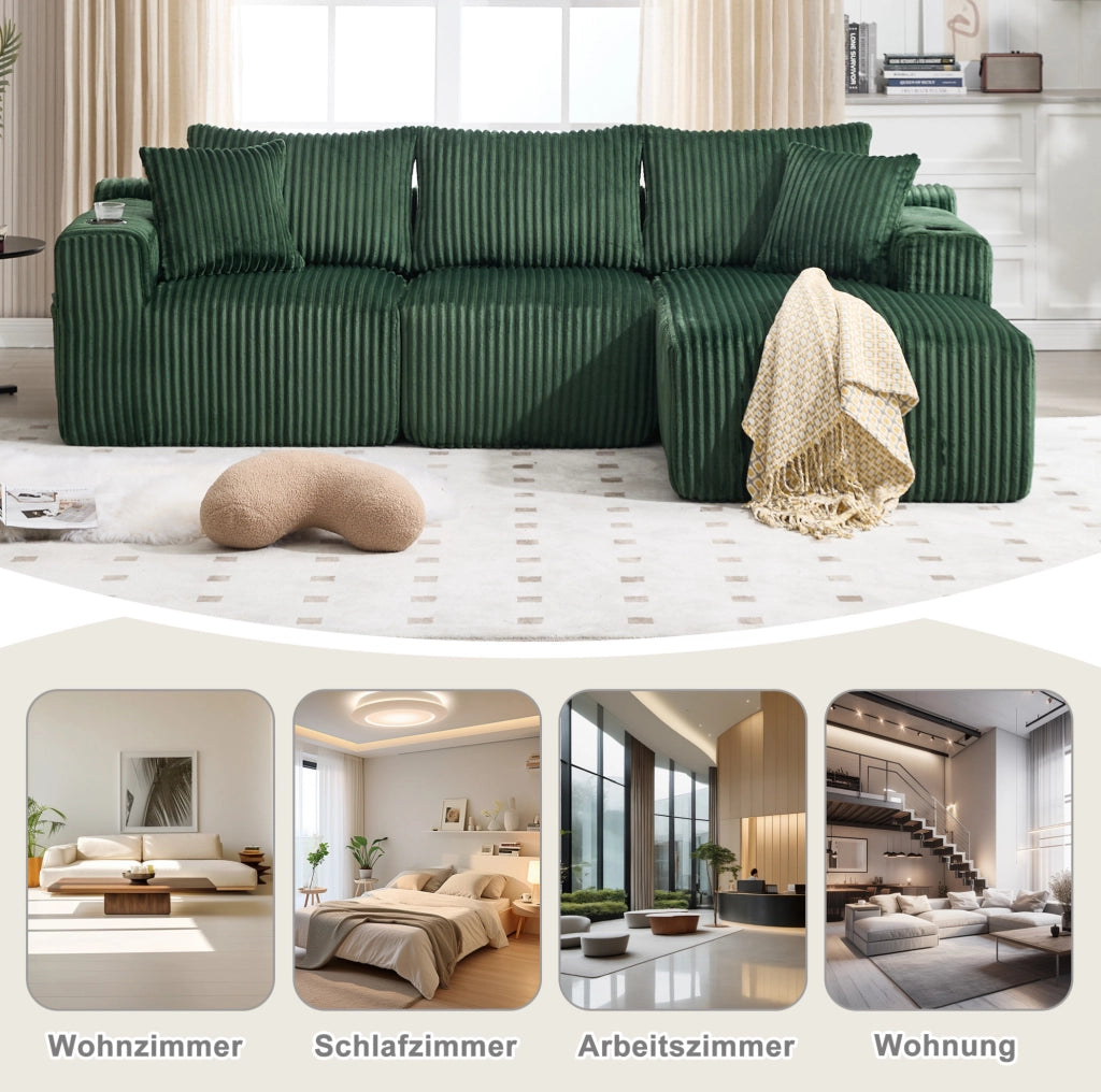 Divano modulare smeraldo con chaise longue, portabevande e 5 cuscini