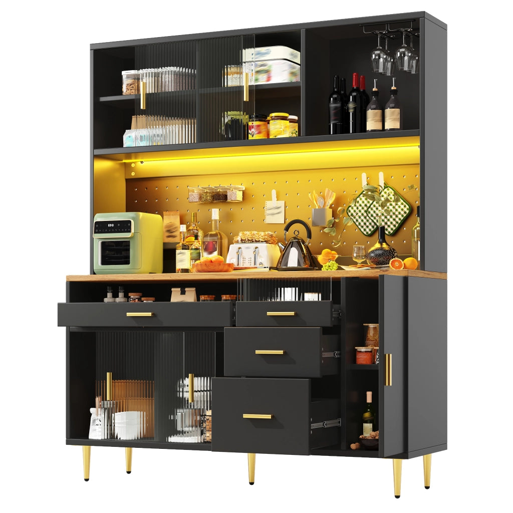 Credenza con ante scorrevoli in vetro LED controllabili via app portabottiglie e bacheca nera 145 × 39 × 171 cm