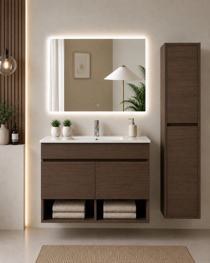 Mobile bagno sospeso con lavabo ORIGENBATH NEBARI con ante con colonna 100x40 cm frassino tea con colonna