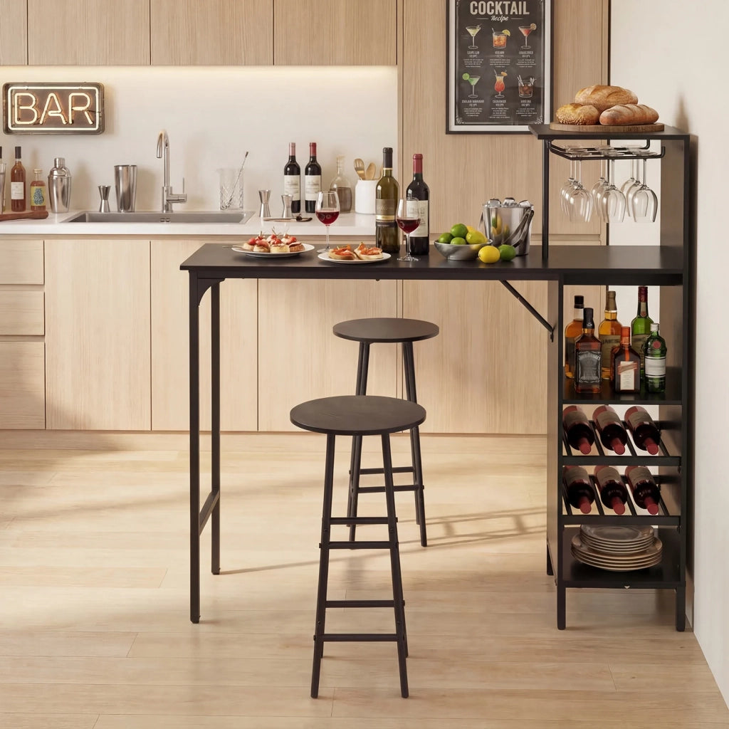 Set tavolo e sgabelli da bar 3 pezzi neri, design industriale, con portabicchieri e 6 portabottiglie, 120 cm, robusto, salvaspazio per casa