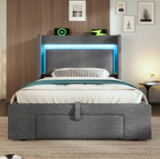 Letto imbottito 90x200 cm con contenitore idraulico, testiera con vano portaoggetti, illuminazione LED e porte USB/USB-C, struttura con doghe in legno, grigio in lino, senza materasso