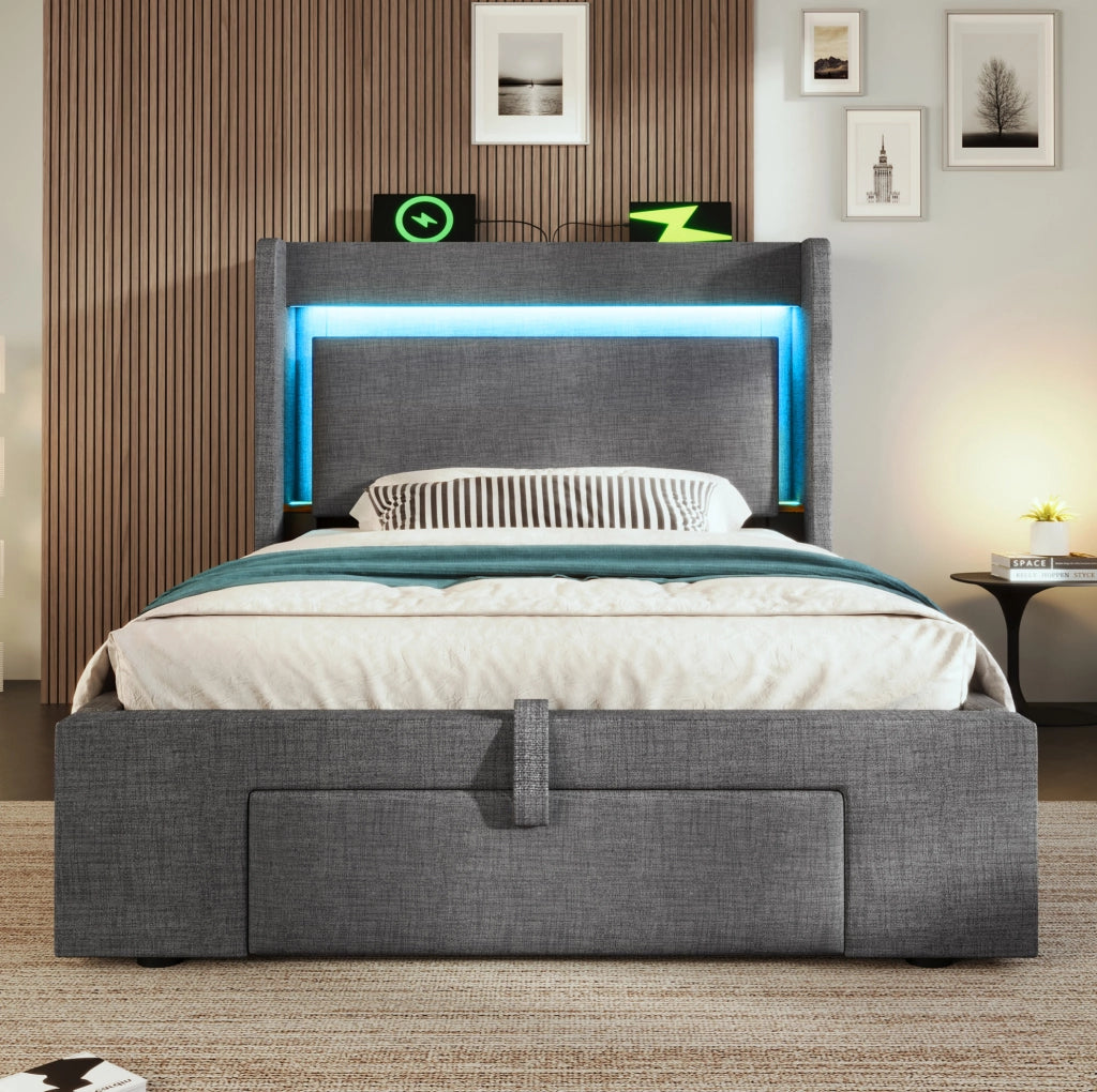 Letto imbottito 90x200 cm con contenitore idraulico, testiera con vano portaoggetti, illuminazione LED e porte USB/USB-C, struttura con doghe in legno, grigio in lino, senza materasso