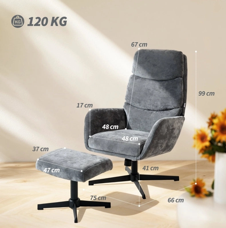 Poltrona relax grigia con poggiapiedi – schienale alto, base in metallo, stile lounge