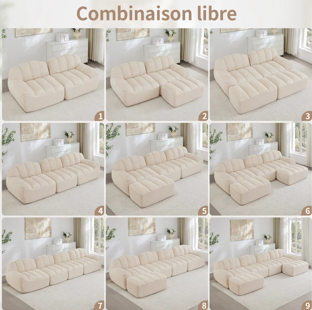 Divano modulare 4 posti a forma di conchiglia con schiuma ad alta densità 32D e tessuto beige bianco, ideale per soggiorno