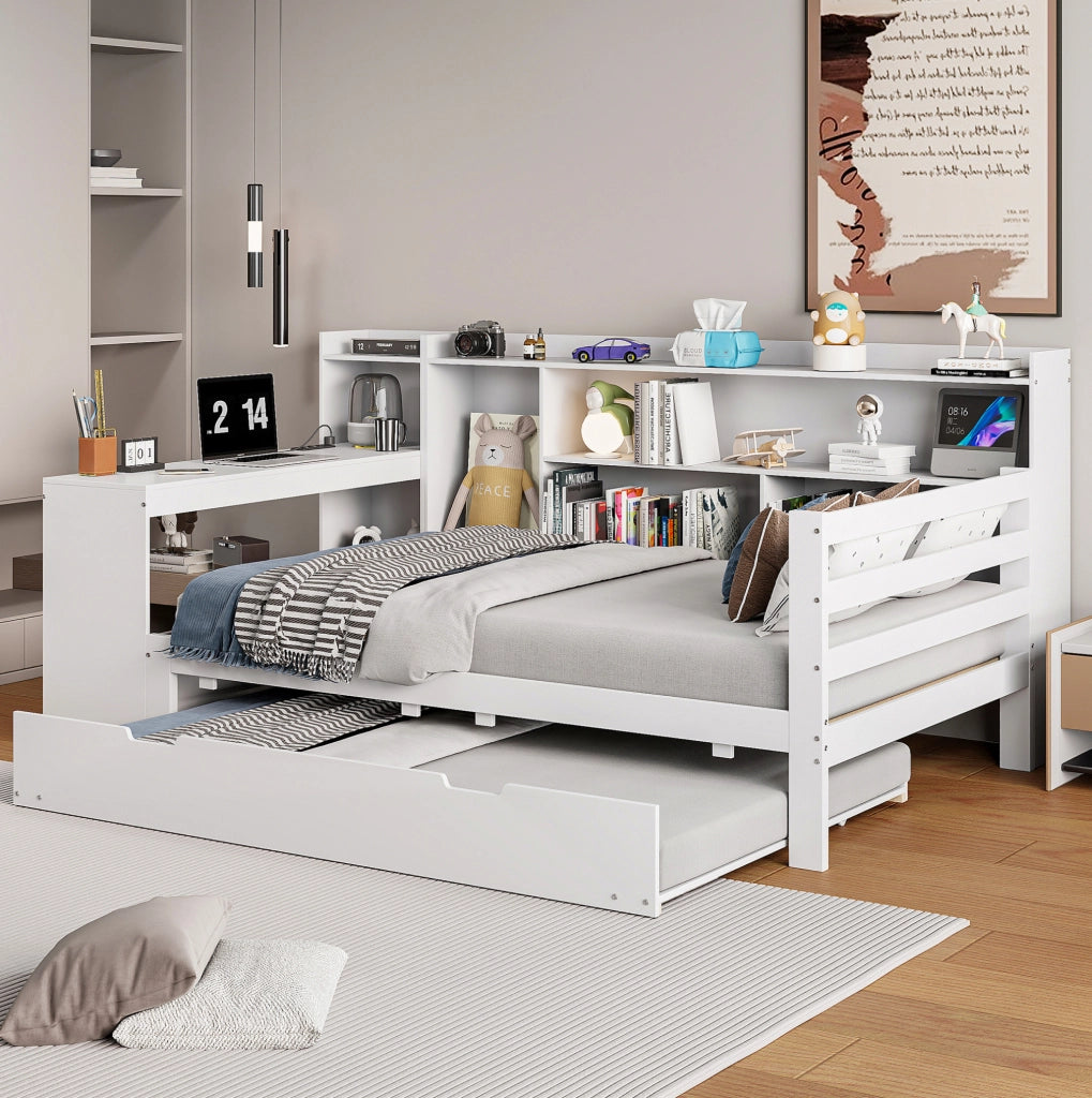 Letto multifunzionale 90x200 cm con letto estraibile; scrivania e scaffali; bianco