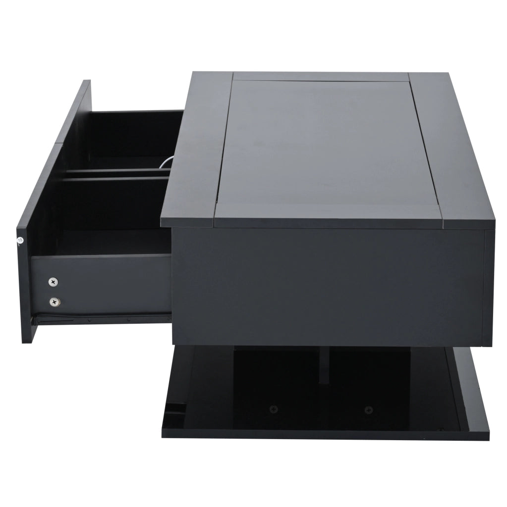 Tavolino da caff¨¨ 100x50x35 cm con 2 cassetti, LED e vetro temprato nero