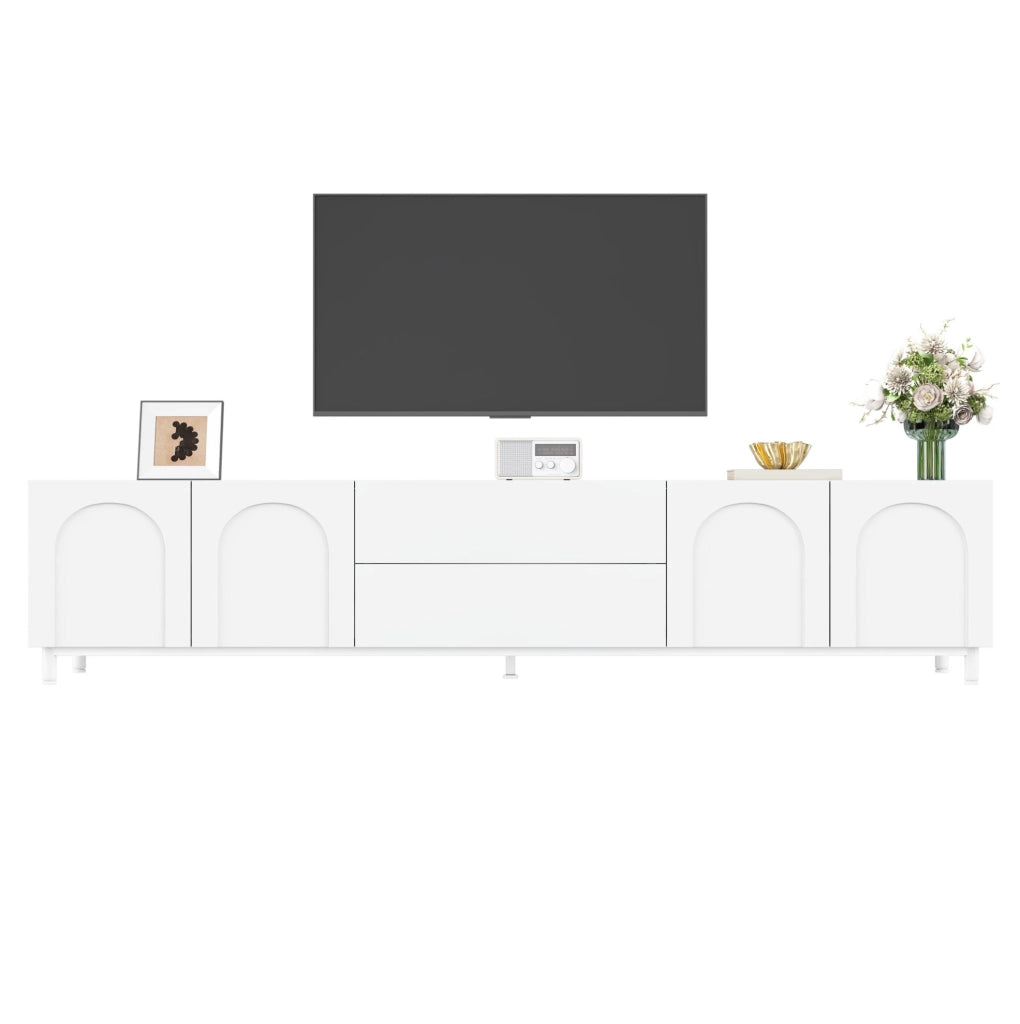 Mobile TV bianco con quattro ante arcuate, due cassetti e piedi in acciaio, 180x40x48 cm
