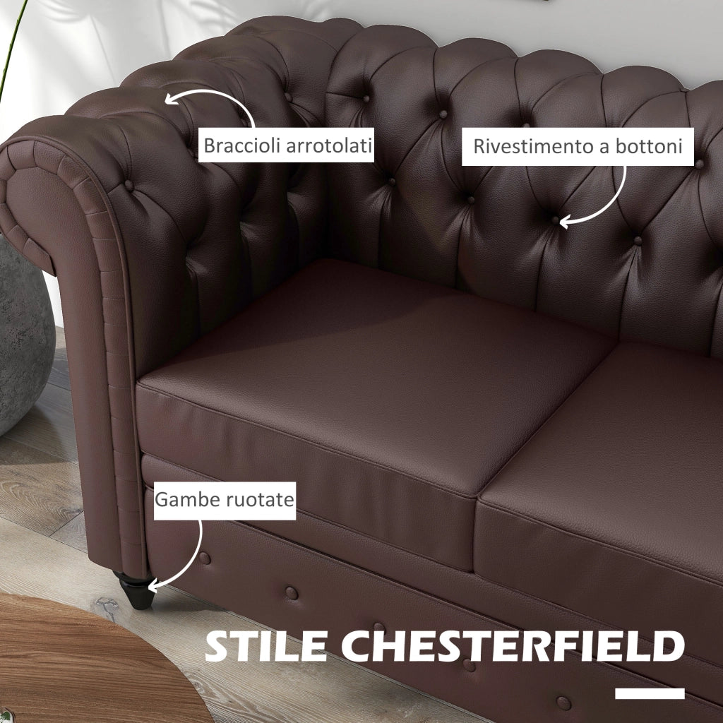 Divano 2 Posti Chesterfield in Ecopelle con Cuscino Rimovibile ¨C Minimal ¨C 160x84x80 cm Marrone