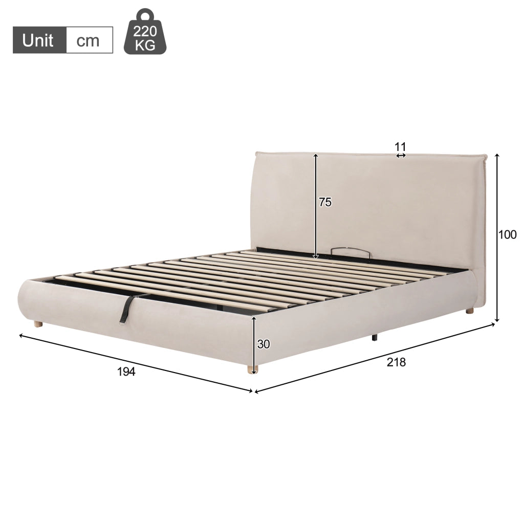 Letto matrimoniale contenitore 180 × 200 cm in velluto color crema con testiera rete a doghe e gambe in legno