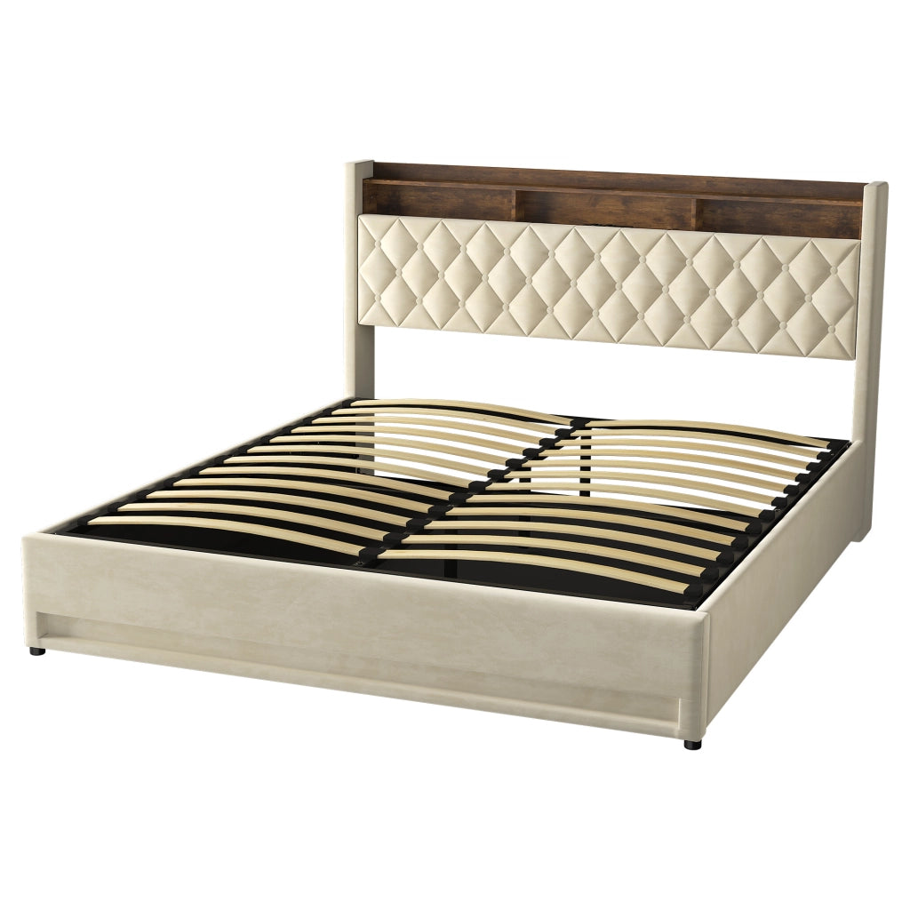 LETTO Imbottito 180 x 200 cm in Velluto Beige con Base a Doghe