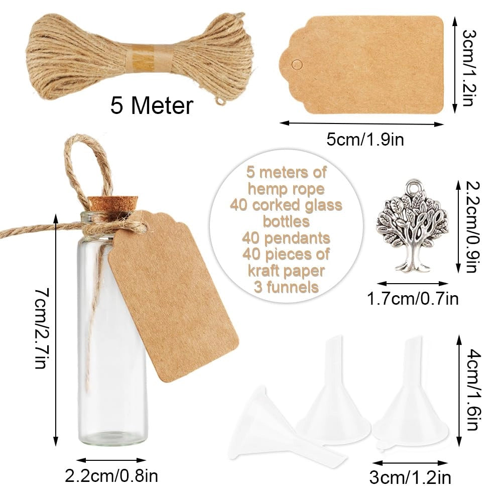 40 mini bottiglie di vetro da 17 ml con tappi di sughero, etichette e accessori