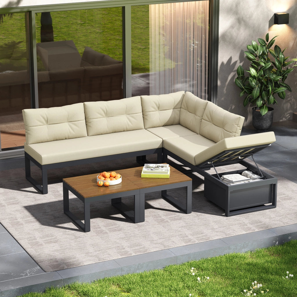 Set divano da giardino modulare beige con schienale regolabile a 3 posizioni e vano contenitore